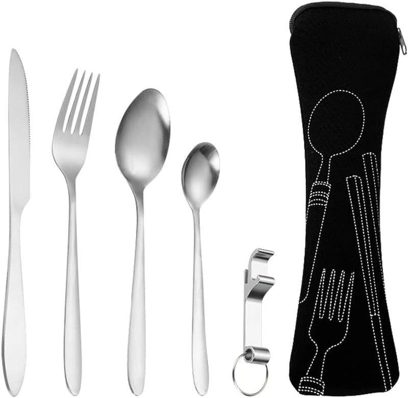 Laad afbeelding in Galerijviewer, Campingbestek set 5-delig roestvrij staal met etui - happygetfit.com
