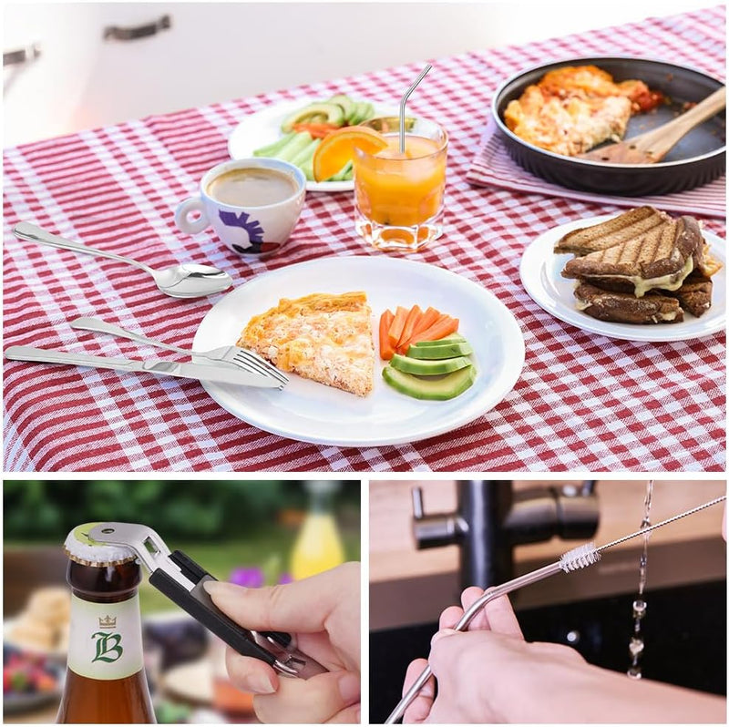 Laad afbeelding in Galerijviewer, Campingbestek set 9-delig roestvrij staal met etui - happygetfit.com
