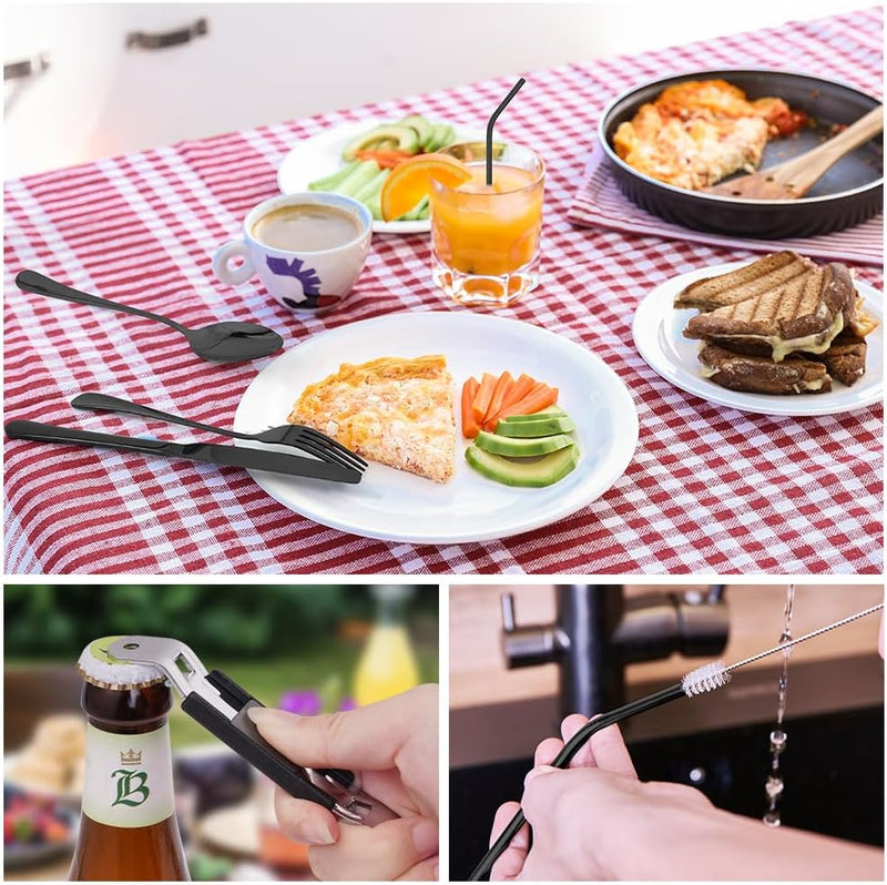 Laad afbeelding in Galerijviewer, Campingbestek set 9-delig roestvrij staal met etui - happygetfit.com
