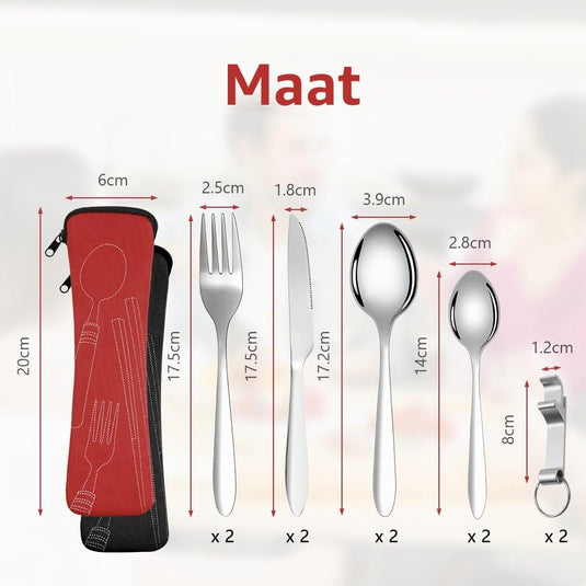 Campingbestek voor 2 personen van roestvrij staal met 12 onderdelen en opbergtassen – reisbestek – outdoor eetgerei - happygetfit.com