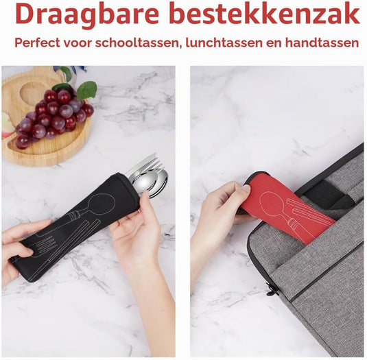 Campingbestek voor 2 personen van roestvrij staal met 12 onderdelen en opbergtassen – reisbestek – outdoor eetgerei - happygetfit.com