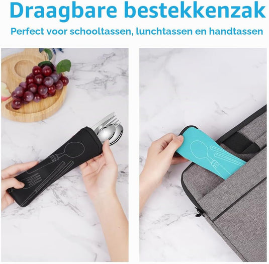 Campingbestek voor 2 personen van roestvrij staal met 12 onderdelen en opbergtassen – reisbestek – outdoor eetgerei - happygetfit.com