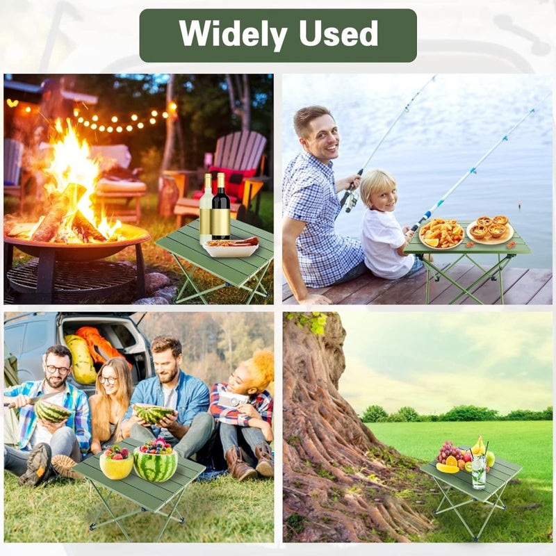 Load image into Gallery viewer, Collage met een kampvuur, vissen, een autopicknick en een boomtafereel, allemaal met de Ontdek de ultieme kampeerervaring met onze mobiele campingtafel! in het groen met een ultralicht ontwerp. Op de bovenste banner staat: &quot;Veel gebruikt.
