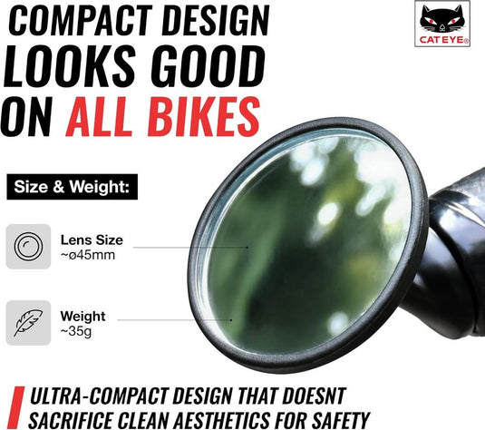 CATEYE BM-45 Bar End Mirror – Ultra Compact Mirror for Road, MTB and Gravel Bikes, Durable Aluminum with Scratch-Resistant Glass, Visibility and Safety for Cyclists - happygetfit.com