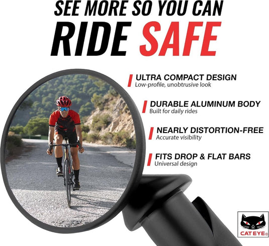CATEYE BM-45 Bar End Mirror – Ultra Compact Mirror for Road, MTB and Gravel Bikes, Durable Aluminum with Scratch-Resistant Glass, Visibility and Safety for Cyclists - happygetfit.com