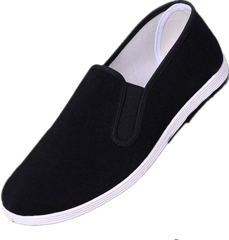 Laad afbeelding in Galerijviewer, Deze Chinese Traditionele Oude Peking Schoenen zijn moderne, zwarte instappers met een witte antislip rubberen zool en combineren stijl en elegantie van traditionele Beijing Kung Fu Tai Chi-schoenen.
