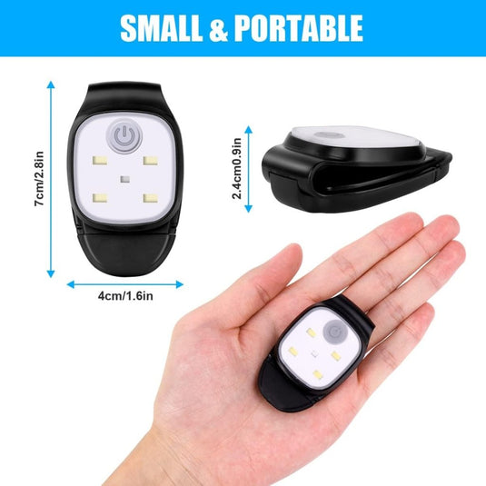 De klem-hardlooplamp "Veilig en verlicht" is een compact, draagbaar apparaat (7 cm x 4 cm x 2,4 cm) met vier heldere ledlampjes en een handige aan/uit-knop, ideaal voor joggen of activiteiten in de avond.