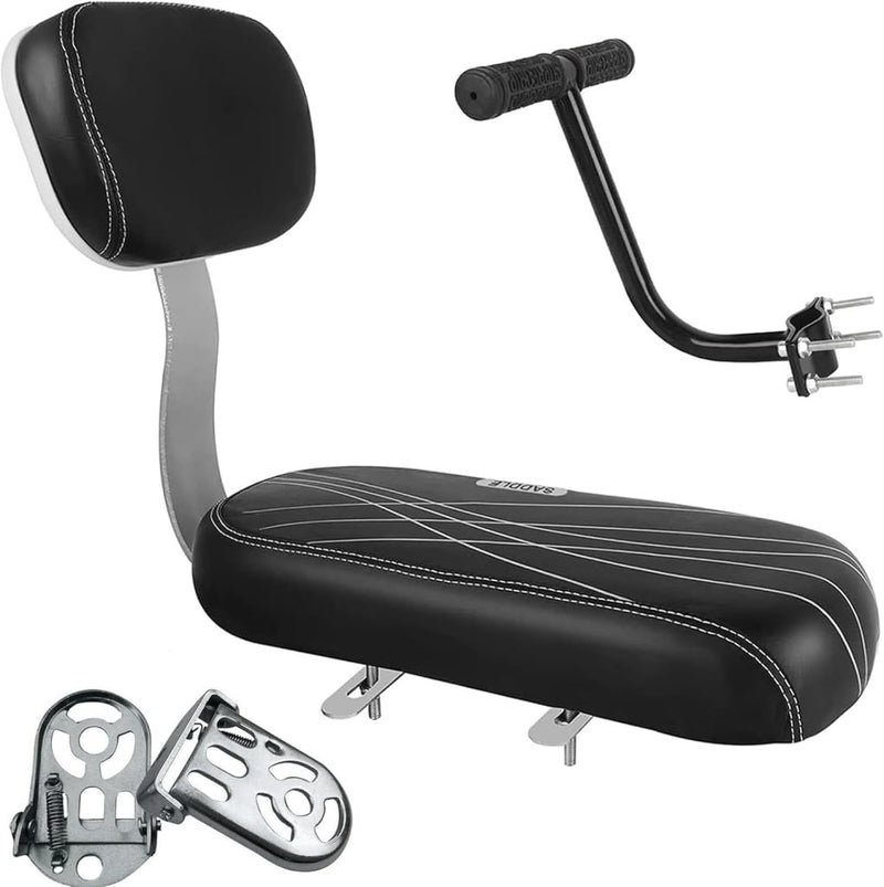 Load image into Gallery viewer, Het product &quot;🚴‍♂️ Comfortabel en veilig achterop! Het perfecte fietszitje voor jouw kind&quot; is een zwart fietszitje met rugleuning, bevestigingsmateriaal en stuurbevestiging op een witte achtergrond, ideaal om je fiets om te toveren tot een comfortabele rit voor peuters.
