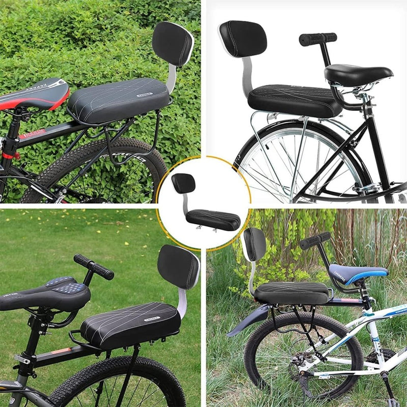 Load image into Gallery viewer, Collage van vier fietsen, elk met een zwart beklede rugleuning en zitje op de achterste bagagedrager, buiten afgebeeld. Ideaal voor peuters om comfortabel en veilig te genieten van ritjes met de &quot;🚴‍♂️ Comfortabel en veilig achterop! Het perfecte fietszitje voor jouw soort.
