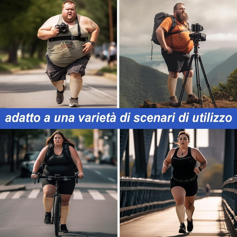 Load image into Gallery viewer, Vier afbeeldingen tonen een persoon die zich bezighoudt met buitenactiviteiten zoals wandelen met een camera, wandelen, fietsen en hardlopen. Het dragen van &quot;Verbeter prestaties en herstel met compressiesokken voor dames en heren – Maat S/M tot 7XL!&quot; verbetert de bloedsomloop, waardoor ze geschikt zijn voor uiteenlopende scenario&#39;s.
