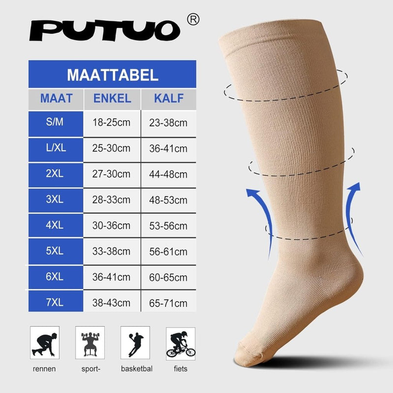 Load image into Gallery viewer, Maattabel voor beige kniehoge compressiesokken, met voet- en kuitmaten van S/M tot 7XL. Ideaal voor hardlopen, sporten, basketbal en fietsen ter ondersteuning van de bloedsomloop en bevordering van spierherstel. Verbeter de prestaties met &quot;Verbeter prestaties en herstel met compressiesokken voor dames en heren&quot;.

