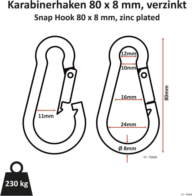 Load image into Gallery viewer, C.P. Sports Karabijnhaken, 80 x 8 mm belastbaar tot 230 kg, 60 x 6 mm belastbaar tot 150 kg, 1-60 stuks, 100 x 10 mm, 140 x 12 mm - happygetfit.com
