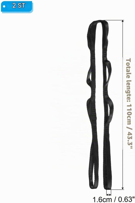 Daisy chain ophangbanden 2 stuks 110 x 1,6 cm zwart met 8 lussen – verstelbare ophangriemen – aerial yoga accessoires - happygetfit.com
