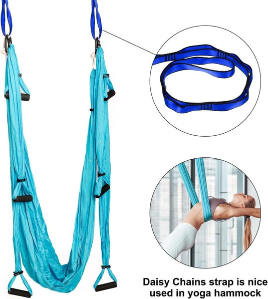 Daisy chain ophangbanden 2 stuks 180 cm met 12 lussen blauw – verstelbare nylon riemen – aerial yoga accessoires - happygetfit.com