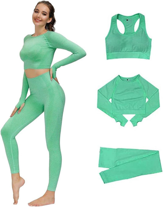 Dames 3-Delige Yoga Workout Sets Voor Vrouwen Sportkleding Hoge Taille Leggings Sport BH Trainingspakken Set - happygetfit.com