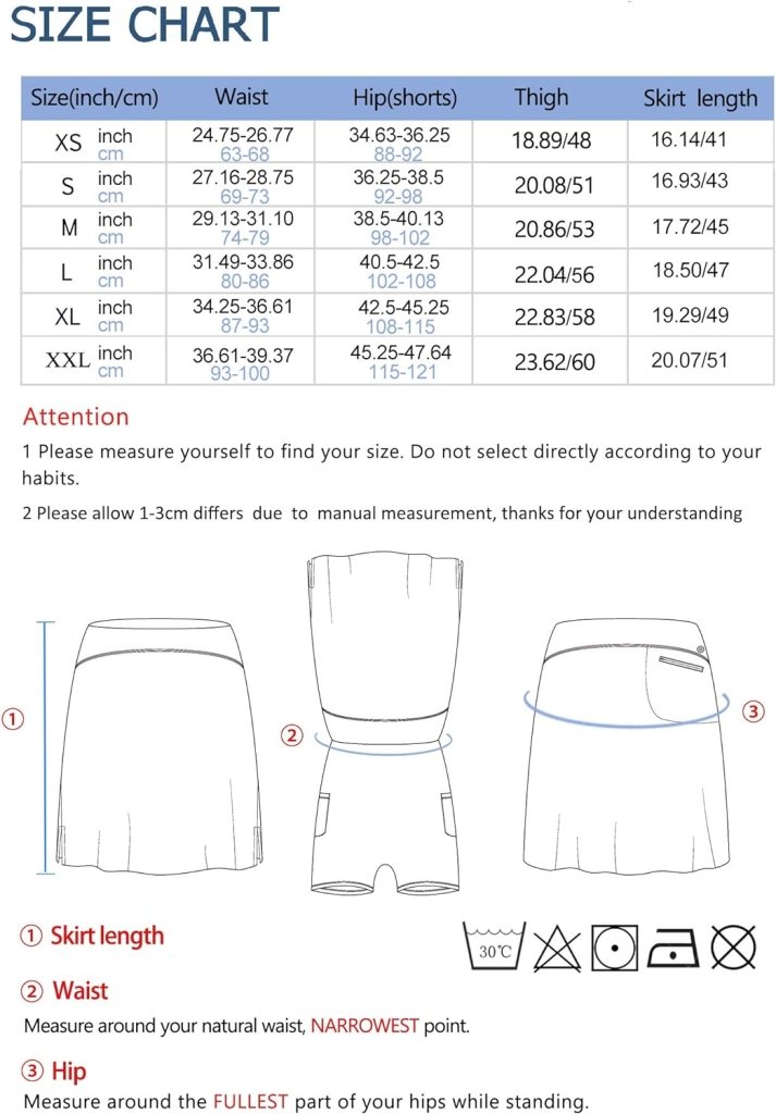 Laad afbeelding in Galerijviewer, Maattabel voor de Sportieve en stijlvolle golfskort voor dames toont taille-, heup-, dij- en roklengte in inches en cm van XS tot XXL. Inclusief meetgids met illustraties. Perfect voor modieuze damessportkleding in geweven materiaal.
