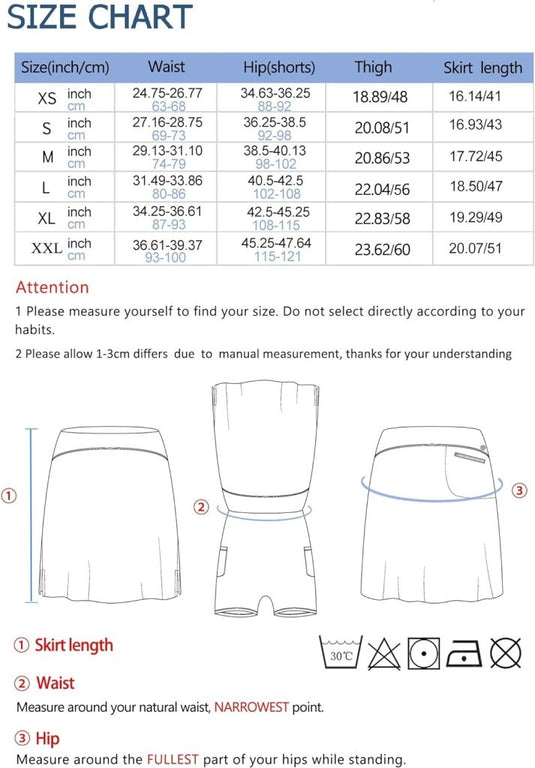 Maattabel voor de Sportieve en stijlvolle golfskort voor dames toont taille-, heup-, dij- en roklengte in inches en cm van XS tot XXL. Inclusief meetgids met illustraties. Perfect voor modieuze damessportkleding in geweven materiaal.