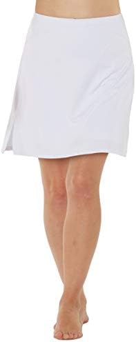 Laad afbeelding in Galerijviewer, Een persoon modelleert een effen witte knielange rok die doet denken aan klassieke damessportkleding, vergelijkbaar met de Sportieve en stijlvolle golfskort voor dames, die blootsvoets tegen een eenvoudige achtergrond staat.
