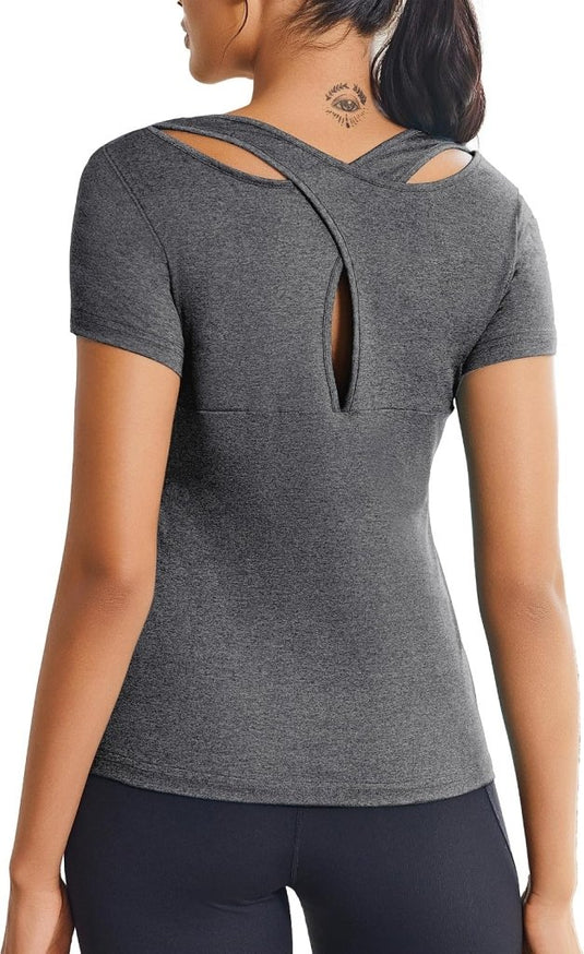 Dames sportshirt korte mouw rugloos sneldrogend - happygetfit.com