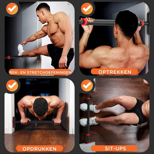 DH FitLife Optrekstang, deurkozijn zonder schroeven, pull-up bar voor deur om in te draaien, deurrek voor krachttraining, rekstang voor deur 72-92 cm, met waterpas - happygetfit.com