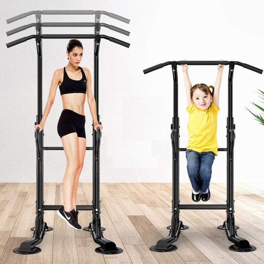 DlandHome Power Tower Dip Station Pull Up Bar Multi-Function Strength Training Fitness Workout Station for Home Office Gym, Black, 330lbs - happygetfit.com