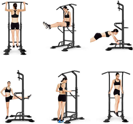 DlandHome Power Tower Dip Station Pull Up Bar Multi-Function Strength Training Fitness Workout Station for Home Office Gym, Black, 330lbs - happygetfit.com