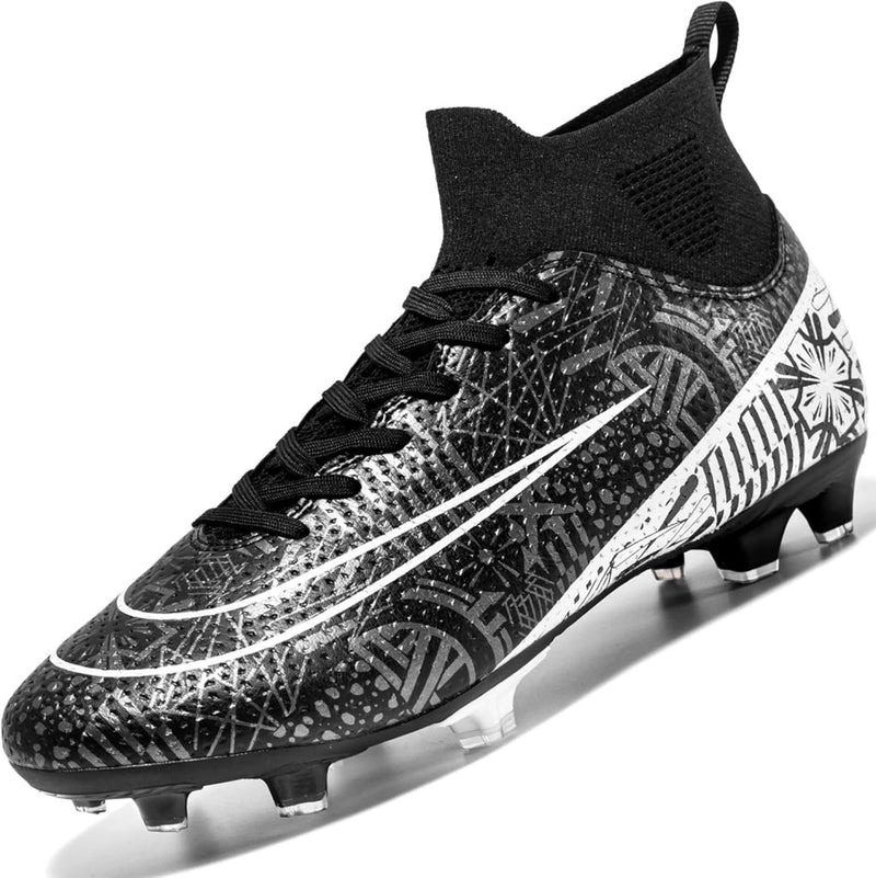 Laad afbeelding in Galerijviewer, Bereik optimale grip en stabiliteit met deze hoogwaardige zwart-witte voetbalschoenen met ingewikkelde geometrische patronen, een hoog ontwerp en een noppenzool. ⚽ Domineer het veld met deze voetbalschoenen!.
