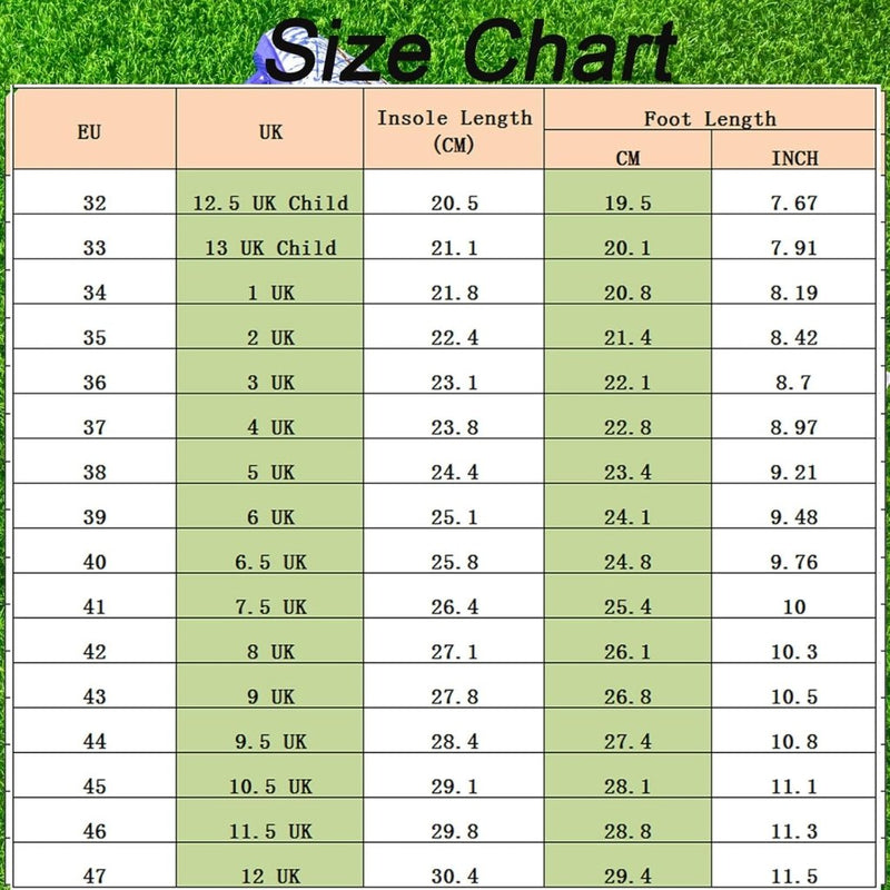 Laad afbeelding in Galerijviewer, Schoenmaattabel met EU naar UK conversies, binnenzool en voetlengte in cm en inches. Perfect voor ⚽ Domineer het veld met deze high-performance voetbalschoenen! Toont grip en stabiliteit met een achtergrond van gras en voetbal.
