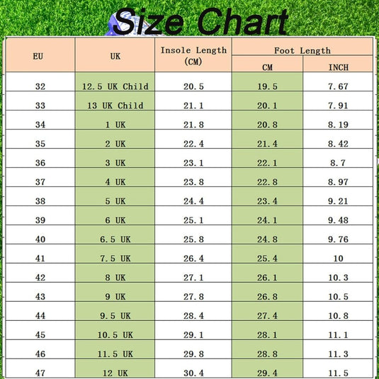 Schoenmaattabel met EU naar UK conversies, binnenzool en voetlengte in cm en inches. Perfect voor ⚽ Domineer het veld met deze high-performance voetbalschoenen! Toont grip en stabiliteit met een achtergrond van gras en voetbal.