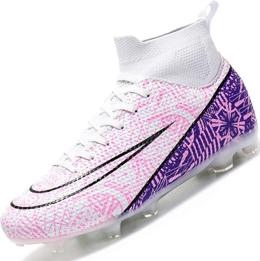 Productnaam: ⚽ Domineer het veld met deze high-performance voetbalschoenen! Deze veelkleurige voetbalschoenen hebben een wit, roze en paars design met een zwarte swoosh en hebben een gestructureerd oppervlak voor verbeterde grip en stabiliteit.