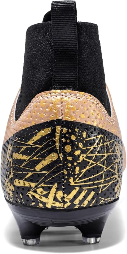 Laad afbeelding in Galerijviewer, Close-up van high-top design van ⚽ Domineer het veld met deze hoogwaardige voetbalschoenen! Met goud op zwart structuurpatroon, zwarte hielstof, roze bovenkant voor grip en stabiliteit, en twee metalen noppen op de zool.
