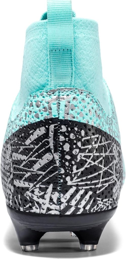 Laad afbeelding in Galerijviewer, Achterkant van de Domineer het veld turquoise en zwarte high-performance voetbalschoenen, met structuurpatronen en metalen noppen voor verbeterde grip en stabiliteit op het veld.
