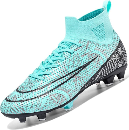 De ⚽ Domineer het veld met deze high-performance voetbalschoenen! zijn turquoise en grijs, met een high-top design met ingewikkelde patronen en zwarte accenten. Ze bieden uitstekende grip en stabiliteit op het veld dankzij strategisch ontworpen zolen voor tractie.