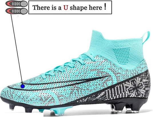 Teal high-top voetbalschoenen met een gebreide textuur en zwart grafisch patroon, met een "U"-vorm voor verbeterde grip en stabiliteit. Ontdek topprestaties op het veld met onze high-performance schoenen: ⚽ Domineer het veld met deze high-performance voetbalschoenen!.