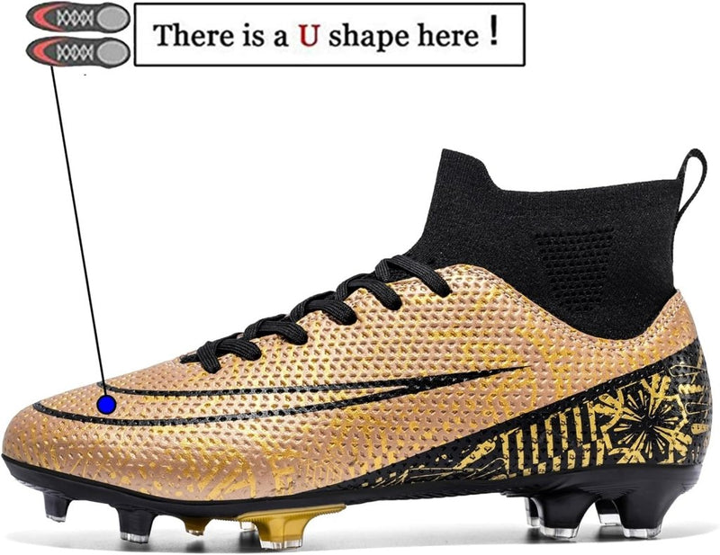 Laad afbeelding in Galerijviewer, ⚽ Domineer het veld met deze hoogwaardige voetbalschoenen! Goudkleurige schoenen met zwarte veters en patronen, ontworpen als hoge tops voor extra grip en stabiliteit. Een pijl wijst naar de U-vorm van de veteranen.

