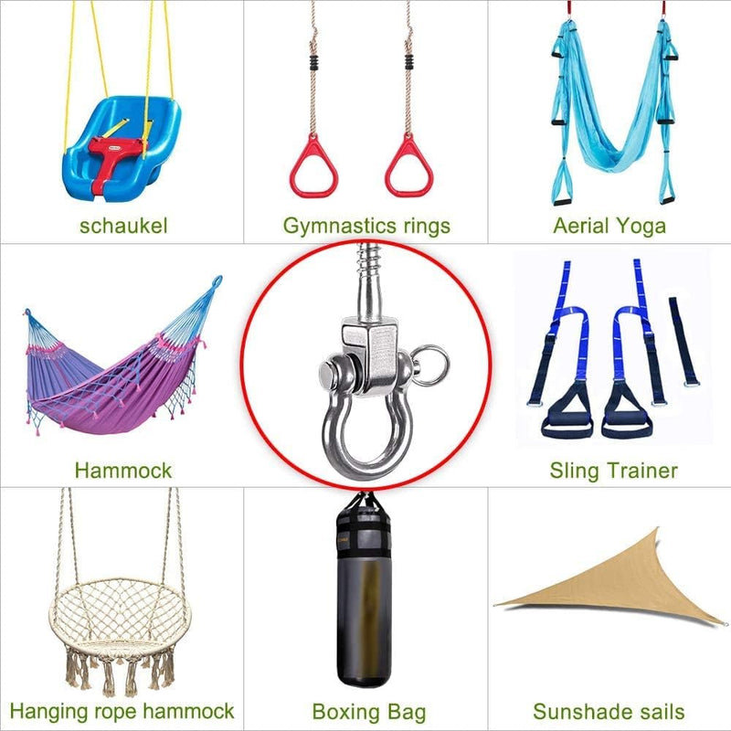 Laad afbeelding in Galerijviewer, Draaibare schommelhaken 4 stuks 12,7 cm van RVS met kogellagers voor houten balken – ophangschroeven – hangmatbevestiging - happygetfit.com
