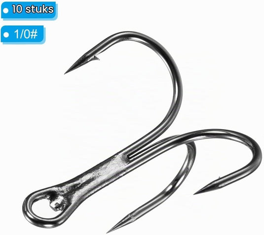 Dreggen 10 stuks maat 1/0 van koolstofstaal zwart – drievoudige vishaken – visaccessoires - happygetfit.com