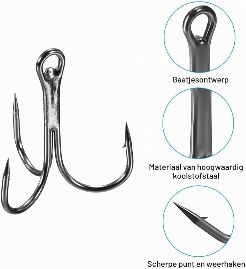 Load image into Gallery viewer, Dreggen 10 stuks maat 1/0 van koolstofstaal zwart – drievoudige vishaken – visaccessoires - happygetfit.com
