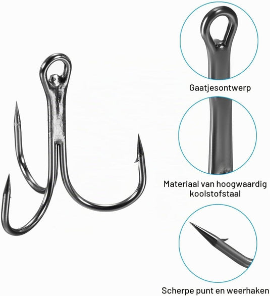 Dreggen 10 stuks maat 1/0 van koolstofstaal zwart – drievoudige vishaken – visaccessoires - happygetfit.com