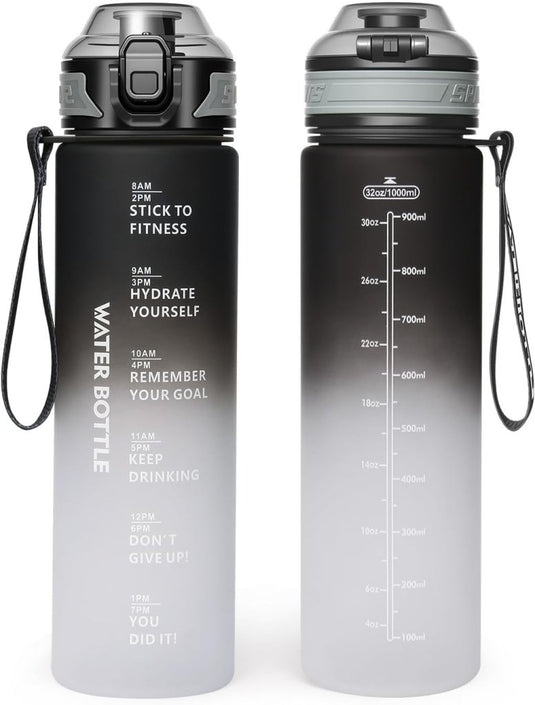 Drinkfles 1 liter van BPA-vrij Tritan met tijdmarkering en lekvrije dop – waterfles – hydratatiefles - happygetfit.com