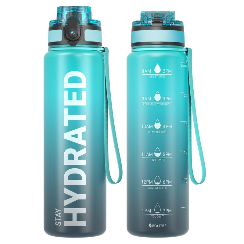 Załaduj obraz do przeglądarki galerii, Drinkfles 750 ml BPA-vrij met tijdmarkeringen en lekvrije dop – waterfles – sportfles - happygetfit.com
