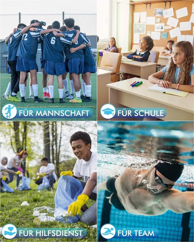 Load image into Gallery viewer, Vier afbeeldingen: een voetbalteamgroep, studenten in de klas, mensen die afval verzamelen en een persoon die zwemt. Duitse labels vermelden &quot;For Team&quot;, &quot;For School&quot;, &quot;For Service&quot;, &quot;For Team&quot;. Elk moment wordt bewaard met de duurzaamheid van de Ontdek de demo minerale kinderwaterfles.
