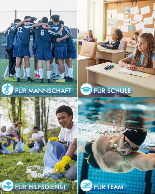 Vier afbeeldingen: een voetbalteamgroep, studenten in de klas, mensen die afval verzamelen en een persoon die zwemt. Duitse labels vermelden "For Team", "For School", "For Service", "For Team". Elk moment wordt bewaard met de duurzaamheid van de Ontdek de demo minerale kinderwaterfles.