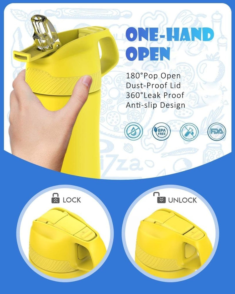 Load image into Gallery viewer, De Ontdek algemeen minerale kinderwaterfles is perfect voor kleine avonturiers met zijn gele design, met één hand te openen, 180° popdeksel, stofdichte functie, 360° lekvrije dop, BPA-vrij materiaal, antislip handgreep en vergrendel-/ontgrendelillustraties.
