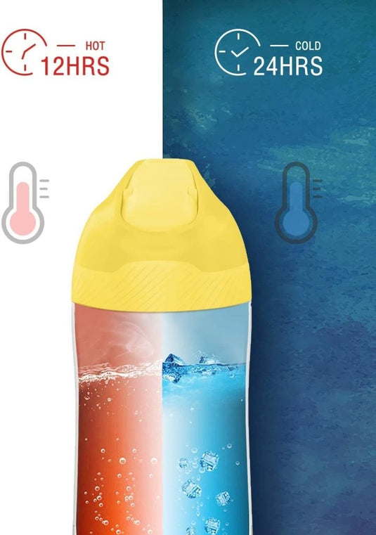 Het "Ontdek de grote kinderwaterfles" heeft een gele dop en een gespleten ontwerp, waardoor dranken 12 uur warm (rood) en 24 uur koud (blauw) blijven. De BPA-vrije, lekvrije dopfles is ideaal voor jonge avonturiers!.
