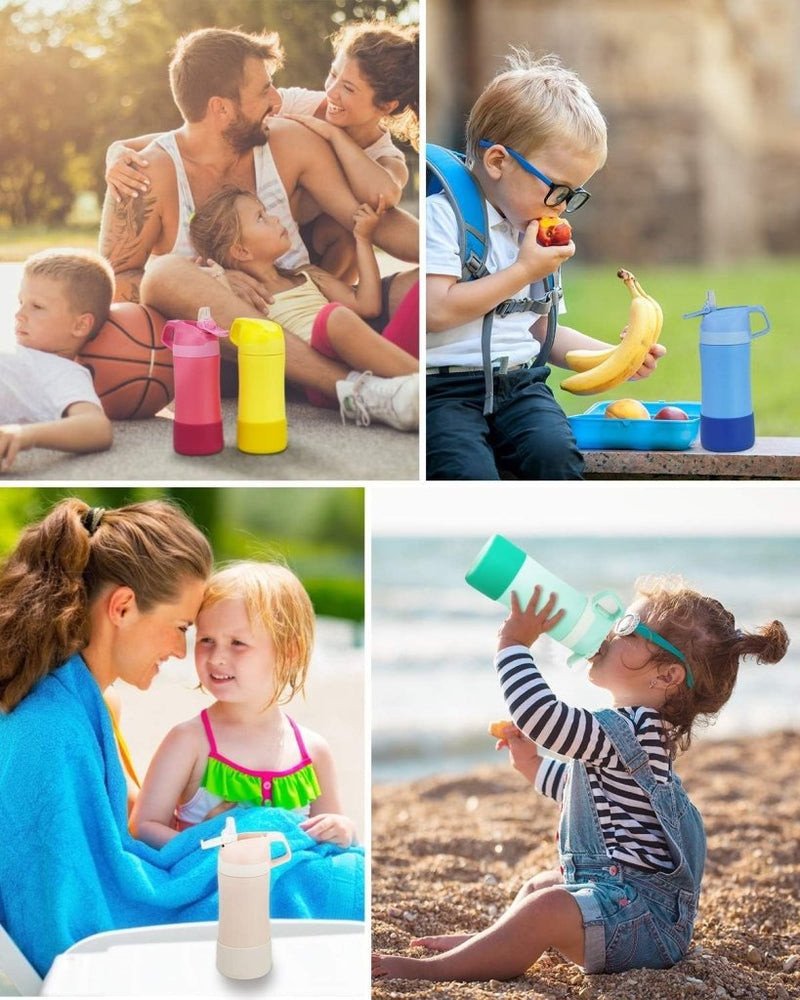 Load image into Gallery viewer, Een collage toont gezinnen die buiten genieten van picknicken en spelen terwijl ze drinken uit BPA-vrije flessen met lekvrije dop of zittend op het strand, allemaal met de Ontdek de grote hoeveelheid kinderwaterfles in de hand - Perfect voor kleine avonturiers!.
