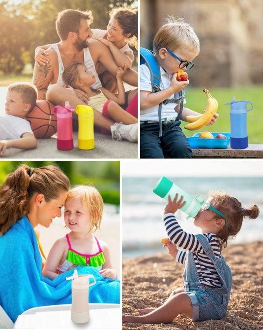 Een collage toont gezinnen die buiten genieten van picknicken en spelen terwijl ze drinken uit BPA-vrije flessen met lekvrije dop of zittend op het strand, allemaal met de Ontdek de grote hoeveelheid kinderwaterfles in de hand - Perfect voor kleine avonturiers!.