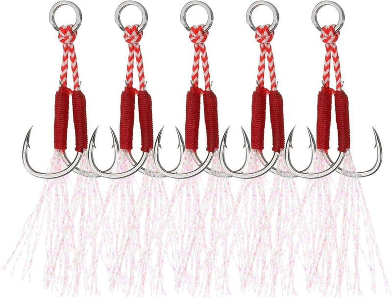 Load image into Gallery viewer, Dubbele assist vishaken 5 stuks maat 13 met glow draad – jigging haken – visaccessoires - happygetfit.com
