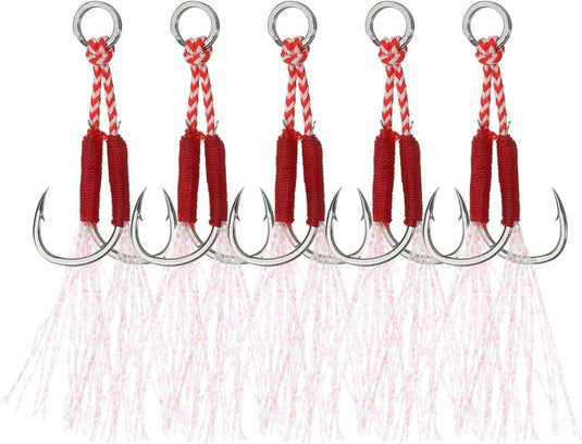 Dubbele assist vishaken 5 stuks maat 13 met glow draad – jigging haken – visaccessoires - happygetfit.com
