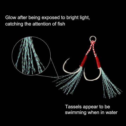Dubbele assist vishaken 5 stuks maat 13 met glow draad – jigging haken – visaccessoires - happygetfit.com